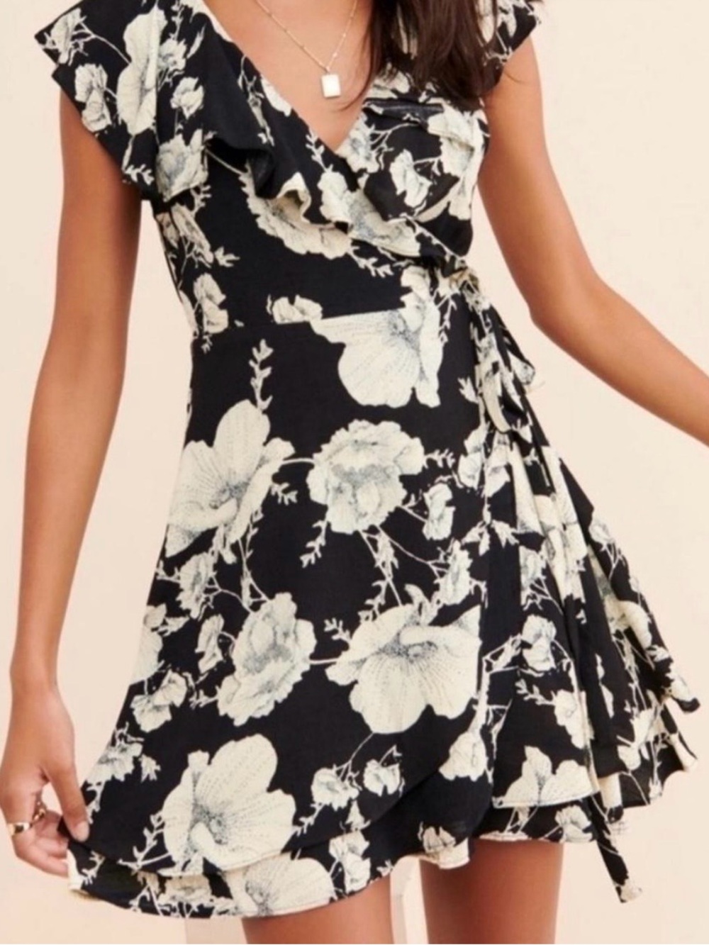 Free People French Quarter Floral Ruffle Mini Wrap Dress Black Cream S